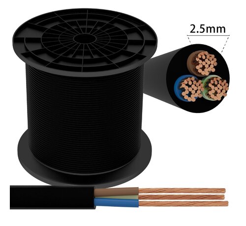 Aansluitsnoer - 50m - 3x 2.5mm2 met zwarte mantel plat - H03VVH2-F 3G2.5