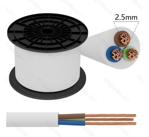 Aansluitsnoer - per meter- 3x 2.5mm2 met witte mantel plat - H03VVH2-F 3G2.5