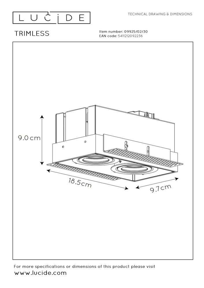 Lucide LED inbouwspot zwart TRIMLESS - 2x GU10 fitting - zwart - 230V max. 2x 50W