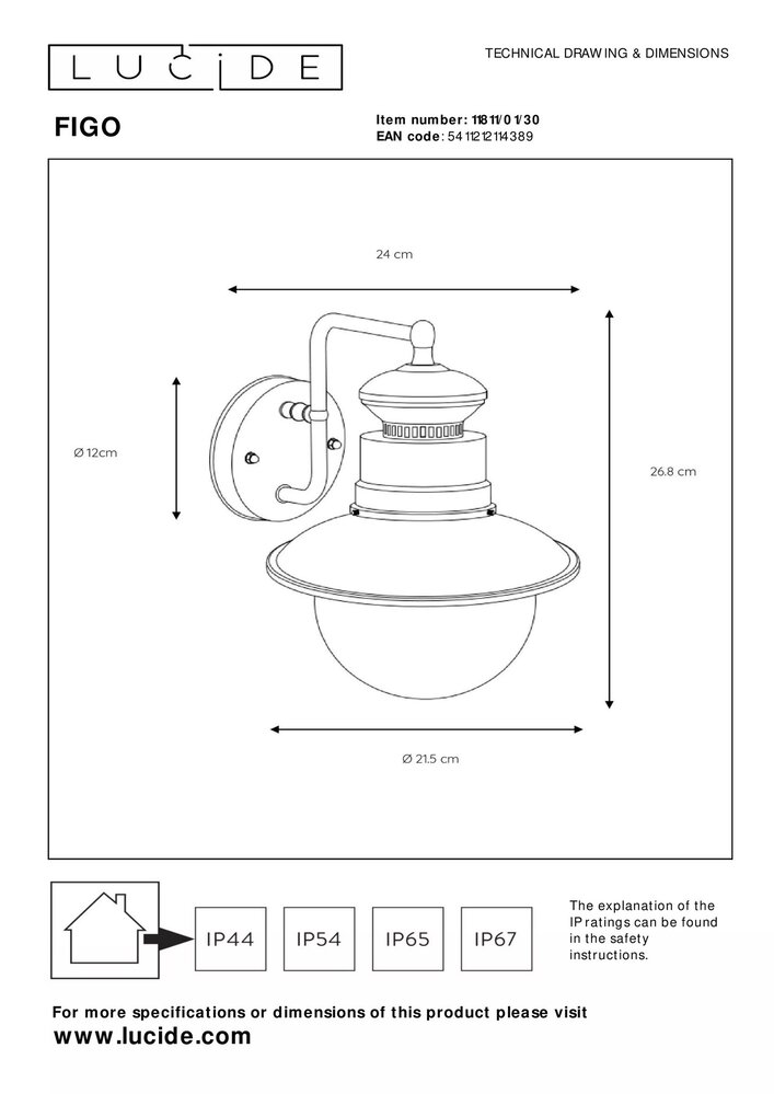Lucide LED Wandlamp buiten FIGO - E27 fitting  - IP44 - excl. lichtbron Lucide LED Wandlamp buiten FIGO - E27 fitting  - IP44 - excl. lichtbron