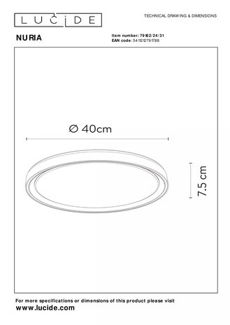 Lucide NURIA - Plafondlamp - Ø 40 cm - LED Dimb. - 1x24W 2700K - 3 StepDim - Wit