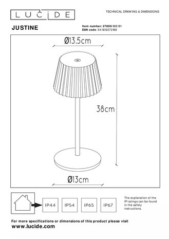 Lucide LED Tafellamp buiten JUSTINE - 2W - 2700K - IP54 - Dimbaar - Wit Lucide LED Tafellamp buiten JUSTINE - 2W - 2700K - IP54 - Dimbaar - Wit
