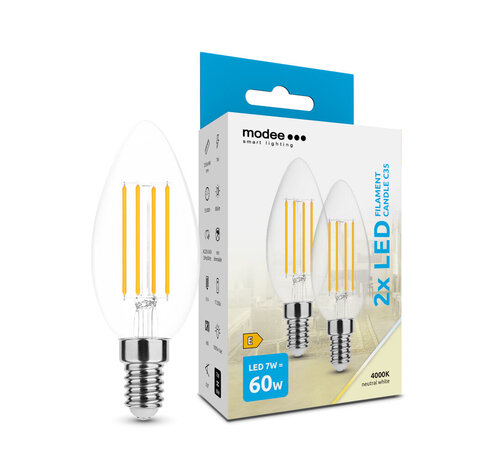 Modee Lighting 2-PACK LED Filament kaarslamp - E14 fitting - C35 - 7W vervangt 60W - 4000K warm wit licht