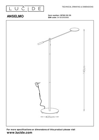 Lucide ANSELMO - Leeslamp - Ø 25 cm - LED Dimb. - 1x9W 3000K - Zwart Lucide ANSELMO - Leeslamp - Ø 25 cm - LED Dimb. - 1x9W 3000K - Zwart