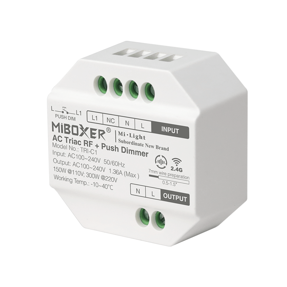 Mi-Light LED Inbouw module - Dimmer - 300W - AC triac dimbaar | Miboxer - RF 2.4Ghz - Push  - Afstandsbediening compatible