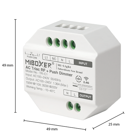 Mi-Light LED Inbouw module - Dimmer - 300W - AC triac dimbaar | Miboxer - RF 2.4Ghz - Push  - Afstandsbediening compatible