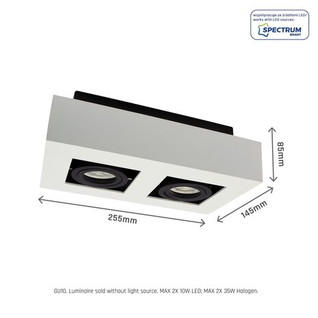 Spectrum voor de installateur LED Plafondspot MIRORA - 2xGU10 fitting - Kantelbaar - Wit/Zwart