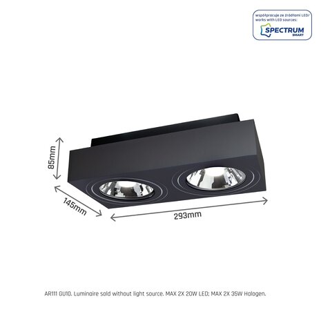 Spectrum voor de installateur LED Plafondspot MIRORA - 2xGU10 AR111 fitting - Kantelbaar - Zwart