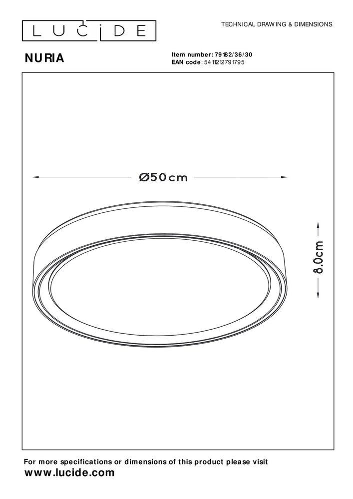Lucide plafonnire NURIA - Â¯50cm - 36W - 2700K warm wit licht - Dimbaar - Zwart