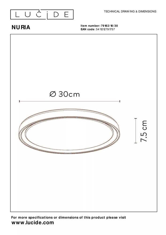 Lucide plafonnire NURIA - Â¯30cm - 18W - 2700K warm wit licht - Dimbaar - Zwart
