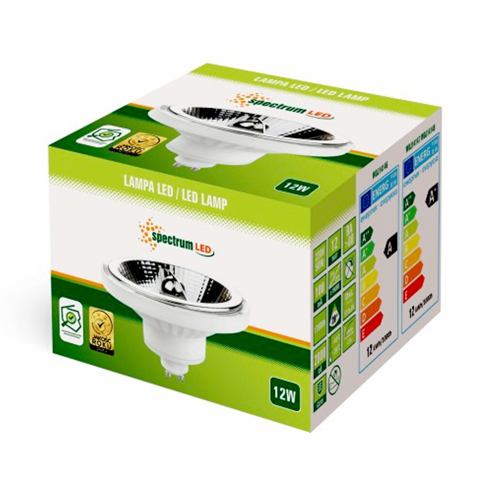 Spectrum LED Spot wit - GU10 AR111 - 12W vervangt 70W - 3000K warm wit licht - Lichtspreiding 20 graden Spectrum LED Spot wit - GU10 AR111 - 12W vervangt 70W - 3000K warm wit licht - Lichtspreiding 20 graden