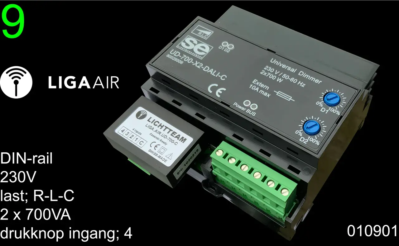 LCB LED LED Dimmer DUO - 700W x 2 - DALI2 - Triac | Din rail - LIGA.AIR.UD-700-C LCB LED LED Dimmer DUO - 700W x 2 - DALI2 - Triac | Din rail - LIGA.AIR.UD-700-C