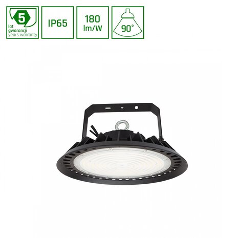Spectrum LED Highbay IP65 - Zwart PLATEO 3 - 200W 36000Lm - Nood batterij 2H - 4000K 840 Helder Wit -  Dali Dimbaar - 90 Graden lens