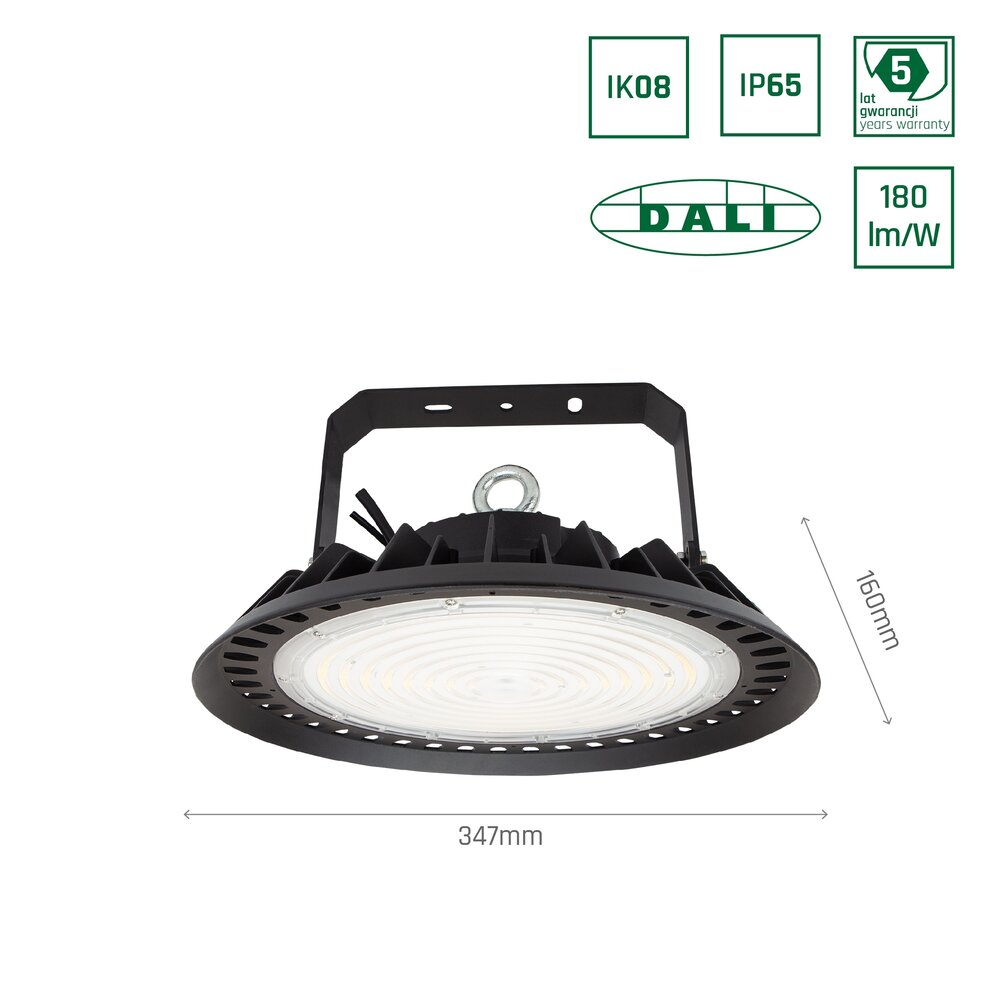 Spectrum LED Highbay IP65 - Zwart PLATEO 3 - 200W 36000Lm - Nood batterij 2H - 4000K 840 Helder Wit -  Dali Dimbaar - 90 Graden lens