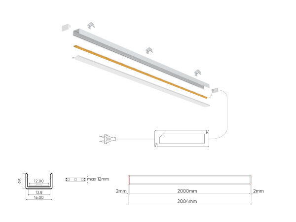 LED line verlichting - Betaalbare Professionele LED Oplossingen Aluminium profiel 10mm - L2000*B16*H9,5mm - Zwart + Matte omslag