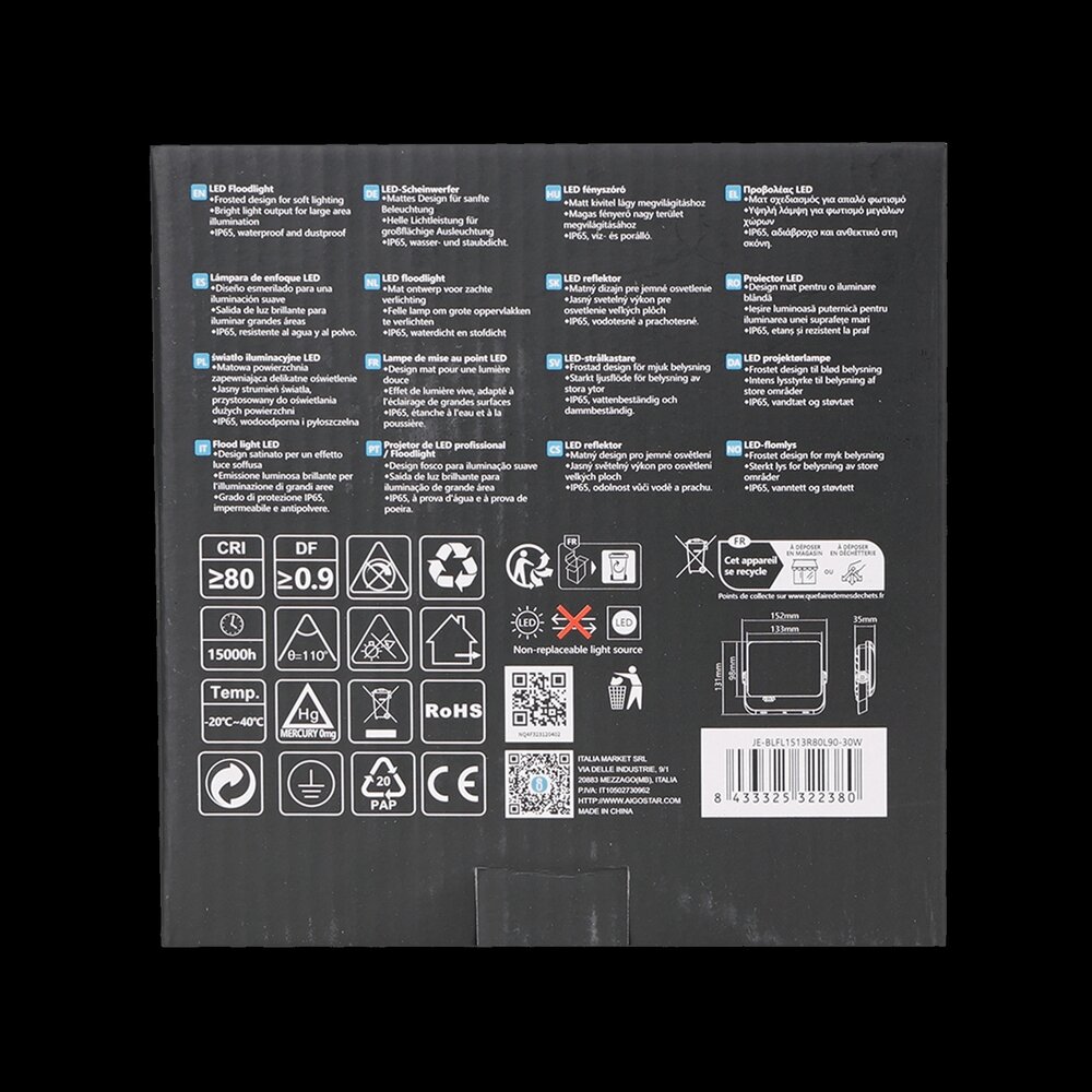 LCB LED Europe LED Schijnwerper IP65 - Zwart Opaal - 30W 3300Lm - 6500K 865 - 300MM aansluitsnoer LCB LED Europe LED Schijnwerper IP65 - Zwart Opaal - 30W 3300Lm - 6500K 865 - 300MM aansluitsnoer