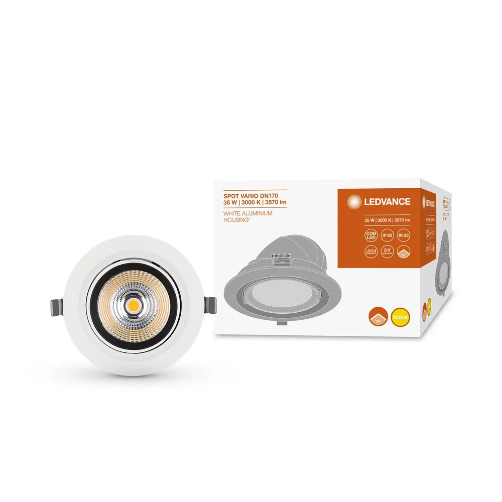 Ledvance LED Downlight Kantelbaar - Bananenspot Vario 180MM - Wit - 35W 3350 Lm - 3000K 830 Warm Wit | 24  Stralingshoek - Zaagmaat 170MM
