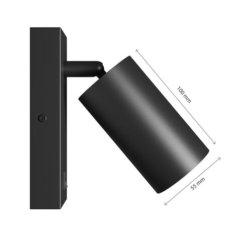 Spectrum voor de installateur GU10 Wandlamp met Aan/Uit Schakelaar 230V IP20 55x100mm Zwart Rond