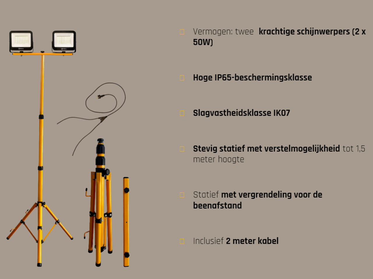 Spectrum voor de installateur LED Statief standaardset +  2X50W 4000K Schijnwerper 4000K - IP65 - incl. 2 meter kabel