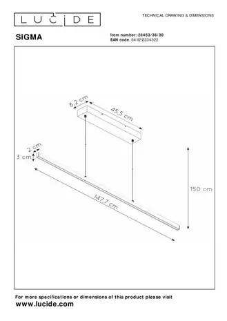 LCB LED Hanglamp 150cm balk LED 36W 2700K 3960lm IP20 LCB LED Hanglamp 150cm balk LED 36W 2700K 3960lm IP20