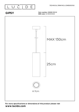 Lucide LED Hanglamp GIPSY 250MM - Japandi stijl Gips Wit - Ø 70MM  | GU10 Fitting - Pendel 1300MM - 250  x 70 MM