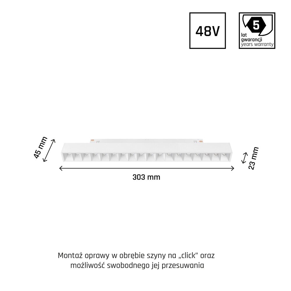 Spectrum voor de installateur LED 48V Magnetische Railspot - Wit - Model M - 17W 1700Lm - 3000K 830 Warm Wit | 18 Leds - Track Bar - Shift Systeem 303x23x42mm 35D