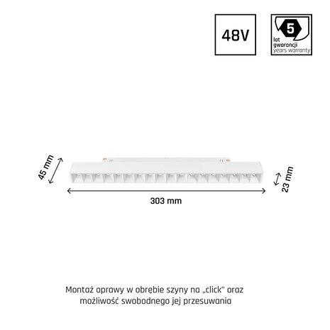 Spectrum voor de installateur LED 48V Magnetische Railspot - Wit - Model M - 17W 1700Lm - 3000K 830 Warm Wit | 18 Leds - Track Bar - Shift Systeem 303x23x42mm 35D
