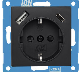 ION INDUSTRIES V1/J1 contactdoos inbouw - 1-voudig - randaarde - met USB-A en USB-C - 71 x 71 x 32 mm - zwart