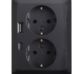 ION INDUSTRIES Contactdoos inbouw/opbouw - 2-voudig - RA - USB-A  +  USB-C Mat Zwart