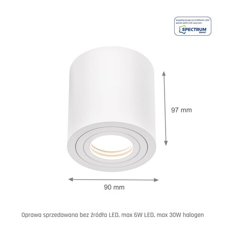 Spectrum LED Plafondspot IP65 - 90MM - GU10 fitting - Tube Rond Wit | 97MM hoog - 230v - excl. lichtbron Spectrum LED Plafondspot IP65 - 90MM - GU10 fitting - Tube Rond Wit | 97MM hoog - 230v - excl. lichtbron