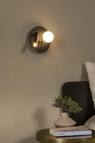 Lucide LED Bedlamp - Wandlamp Rond 16,5 cm - Matiz Matt Zwart Richtspot - 3000K 830 Warm Wit - 3.5W 244Lm  | Met USB-C & B oplaadpunt