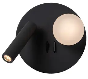 Lucide LED Bedlamp - Wandlamp Rond 16,5 cm - Matiz Matt Zwart Richtspot - 3000K 830 Warm Wit - 3.5W 244Lm  | Met USB-C & B oplaadpunt