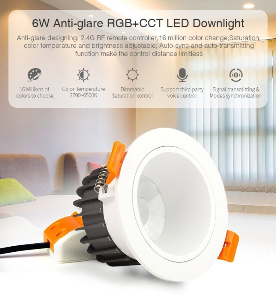 milight LED Downlight - Anti-glans - 6W - RGB+CCT - 550lm - ø80-85mm | MIBOXER
