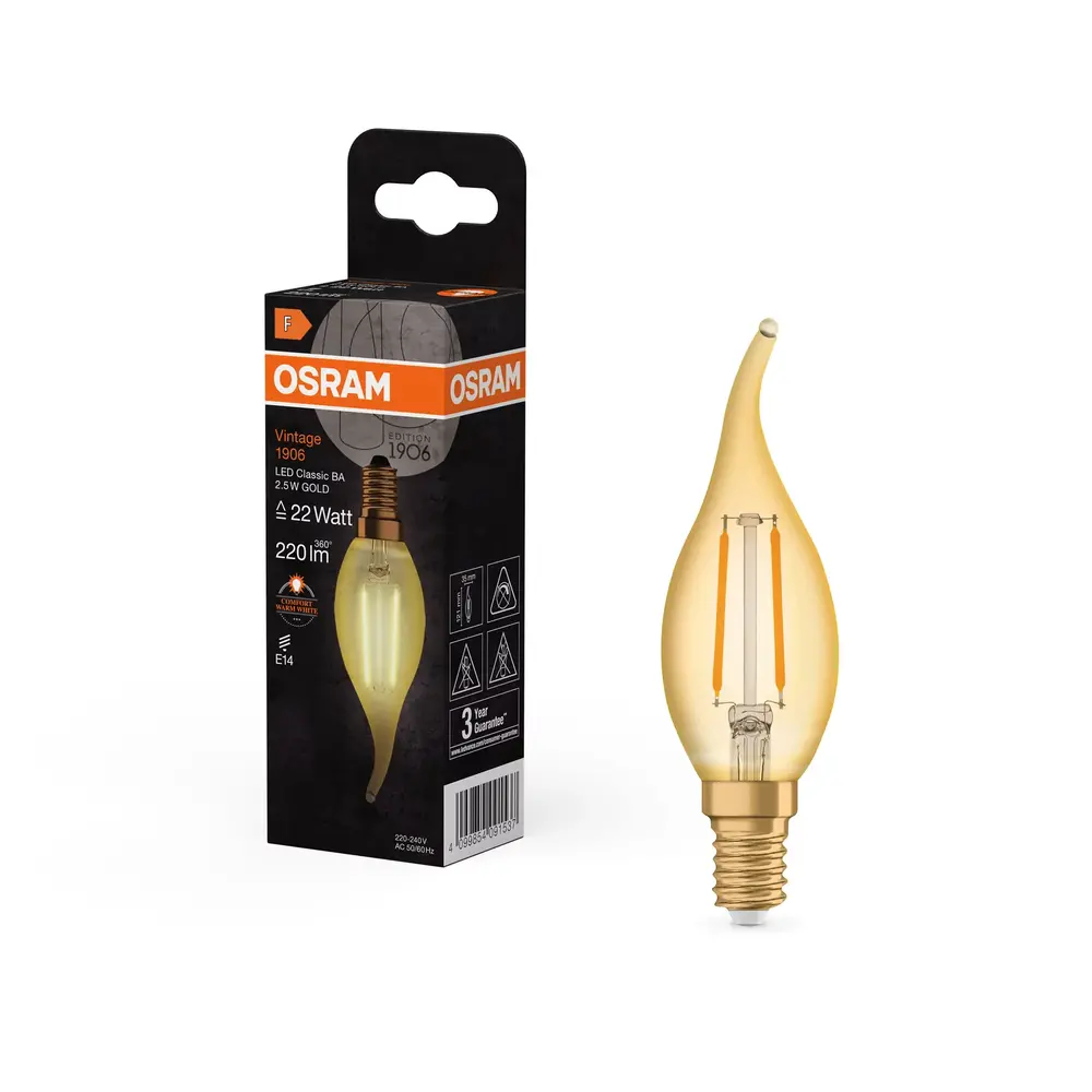 Ledvance Zakelijk: Professionele LED Verlichting & Armaturen | voor de installateur LED Filament Lamp - Vintage 1906 Classic - BA22 - 2.5W 824 - E14 | Zeer Warm Wit
