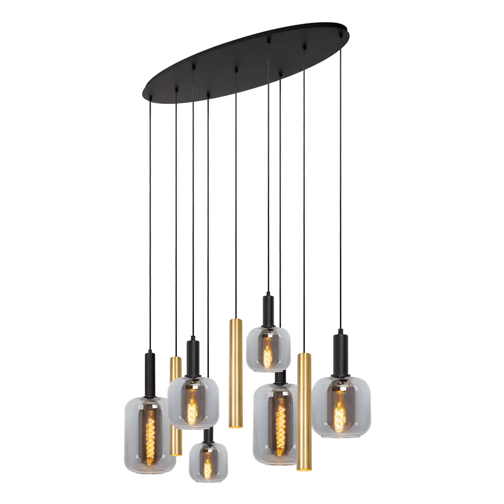 LED Plafondlamp Hanglamp - JOANET Ovaal 9-Lichts - Zwart Goud Messing – Dimbaar – 130x35 cm  | Designlamp 6x E27  3x GU10 Fitting LED Plafondlamp Hanglamp - JOANET Ovaal 9-Lichts - Zwart Goud Messing – Dimbaar – 130x35 cm  | Designlamp 6x E27  3x GU10 Fitting