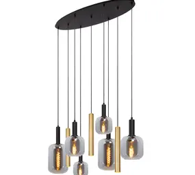 LED Plafondlamp Hanglamp - JOANET Ovaal 9-Lichts - Zwart Goud Messing – Dimbaar – 130x35 cm  | Designlamp 6x E27  3x GU10 Fitting