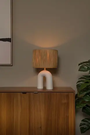 LED Tafellamp - RONDA - 1x E27 Fitting - Rattan Kap - Keramische Basis - 28x28x45cm - Wit - Niet Dimbaar - Binnengebruik