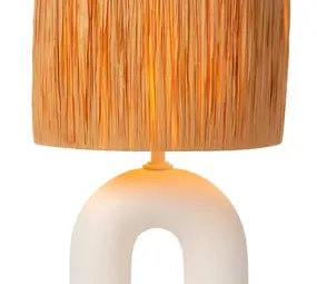 Lucide LED Tafellamp - RONDA - 1x E27 Fitting - Rattan Kap - Keramische Basis - 28x28x45cm - Wit - Niet Dimbaar - Binnengebruik