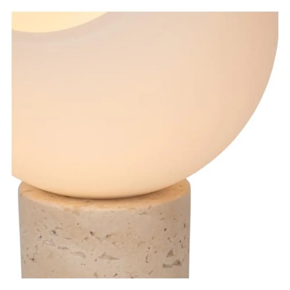 Lucide LED Tafellamp - DAVIN - Ø15cm - 1x E27 Fitting - Opalen Glas - Travertin Voet - Binnenverlichting - Niet Dimbaar