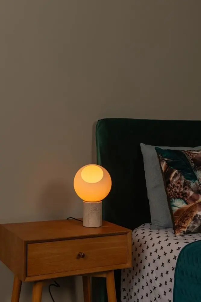Lucide LED Tafellamp - DAVIN - Ø15cm - 1x E27 Fitting - Opalen Glas - Travertin Voet - Binnenverlichting - Niet Dimbaar