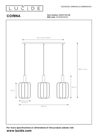 Lucide LED Tafellamp - CORINA - 3xE27 - Verstelbaar - Geschikt voor LED - Dimbaar - L90xB22xH185cm - Crème - Textiel - Binnenverlichting
