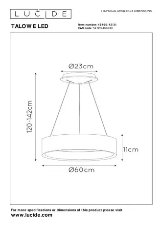 Lucide TALOWE LED - Hanglamp - Ø 60 cm - LED Dimb. - 1x39W 2700K - Wit