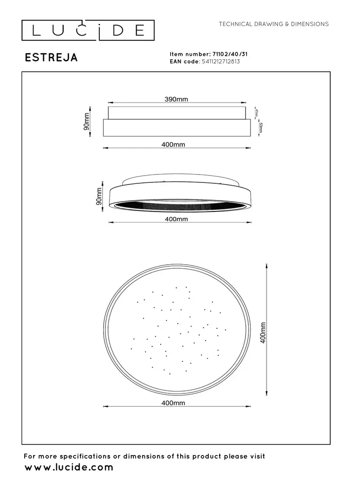 Lucide LED Plafonnière - Ø 40cm - 27W - LED 3 StepDim - 2500K/3000K - Wit | ESTREJA Sterrenhemel