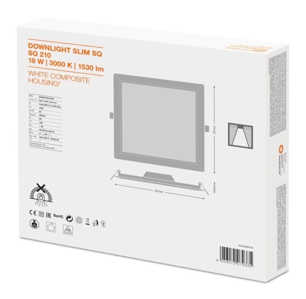 Ledvance Zakelijk: Professionele LED Verlichting & Armaturen | voor de installateur LED Downlight Slim Vierkant SQ210 18W 1530lm 120D - 865 Daglicht