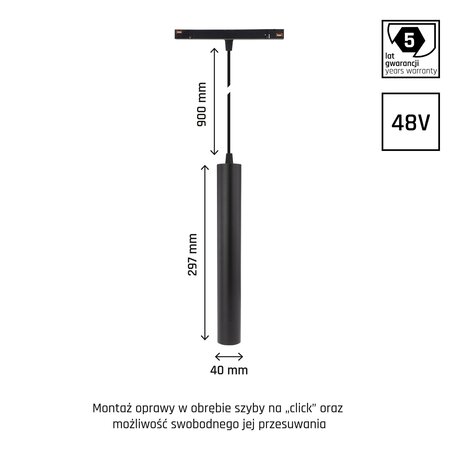 Spectrum voor de installateur 48V Magnetische railverlichting - SHIFT Hangit Zwart  - Pendel staaflamp | 12W | TW Tunable White 2700-6500K | Zigbee 3.0  - 40X297MM