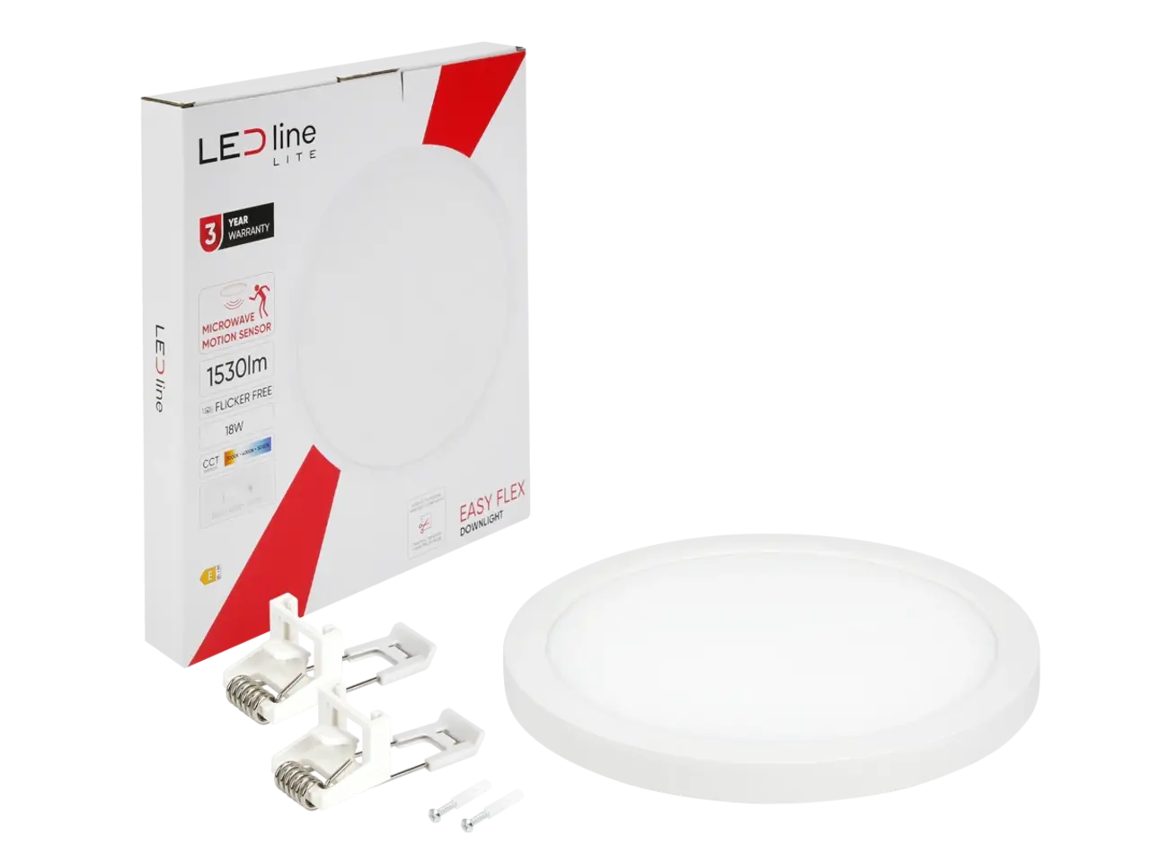 LED line LED Downlight - Rond - EASY FLEX - 18W 1530 - CCT 3000K/4000K/5000K - IP20 - Wit | Ø225mm 65-180mm - Bewegingssensor LED line LED Downlight - Rond - EASY FLEX - 18W 1530 - CCT 3000K/4000K/5000K - IP20 - Wit | Ø225mm 65-180mm - Bewegingssensor