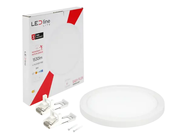 LED line LED Downlight - Rond - EASY FLEX - 18W 1530 - CCT 3000K/4000K/5000K - IP20 - Wit | Ø225mm 65-180mm - Bewegingssensor LED line LED Downlight - Rond - EASY FLEX - 18W 1530 - CCT 3000K/4000K/5000K - IP20 - Wit | Ø225mm 65-180mm - Bewegingssensor