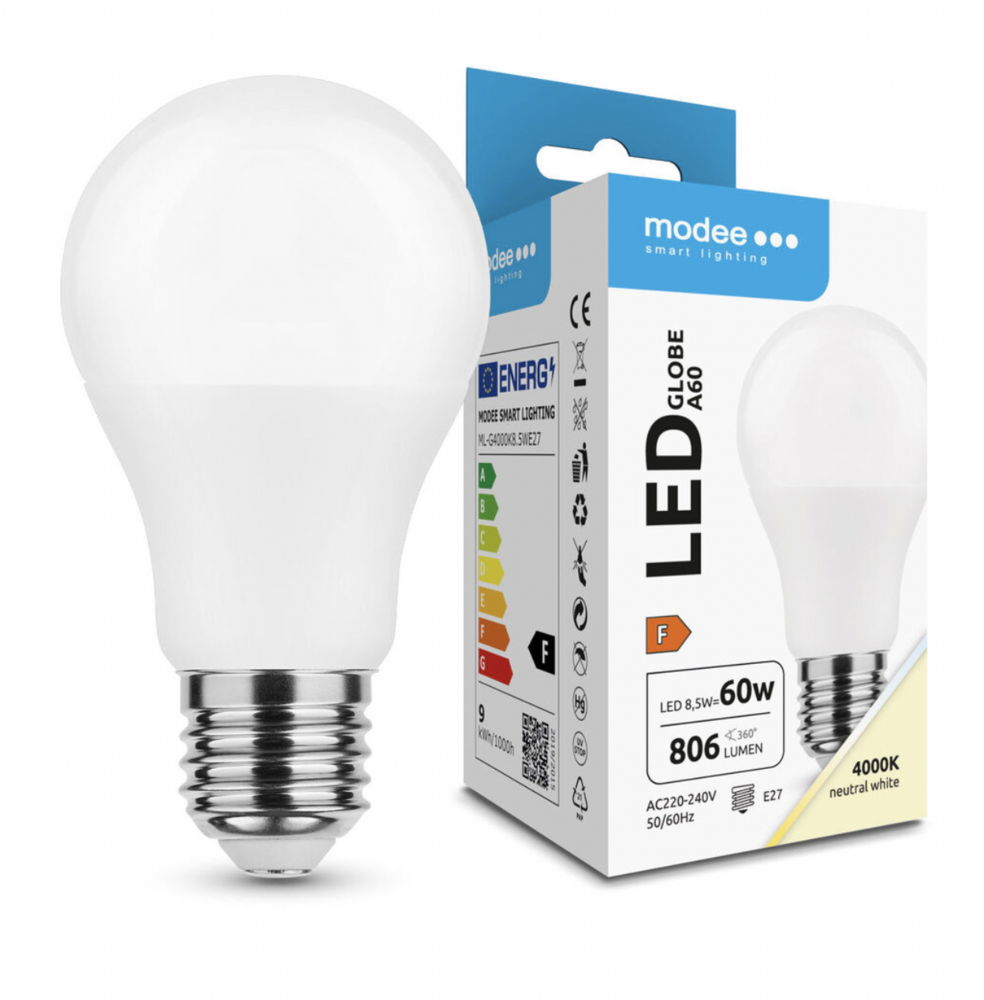 LCB LED Europe  LED Lamp - E27 A60 - 8,5W 806lm - 4000K - PVC