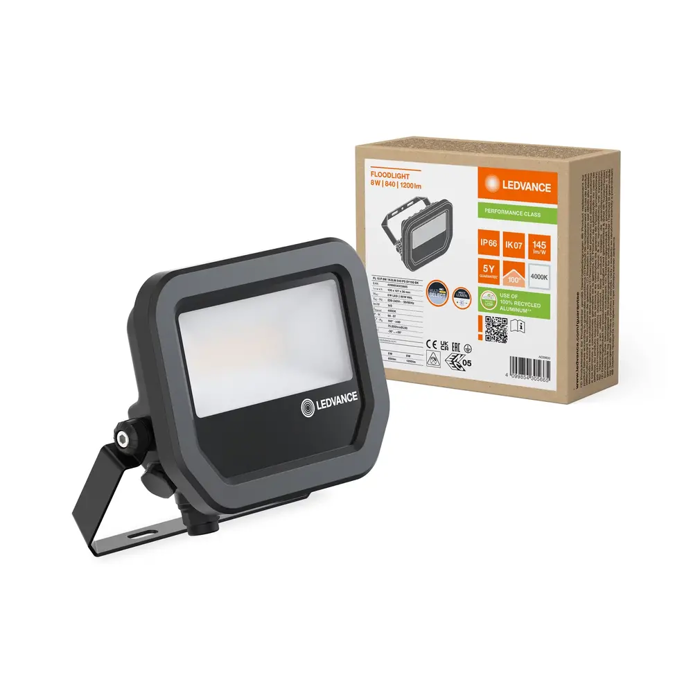 Ledvance Zakelijk: Professionele LED Verlichting & Armaturen LED Breedstraler - 8W 1200lm - 4000K Neutraal Wit - IP65 Waterdicht - Symmetrische Lichtverdeling 100° - Zwart | Voor Buiten & Industriële Omgevingen