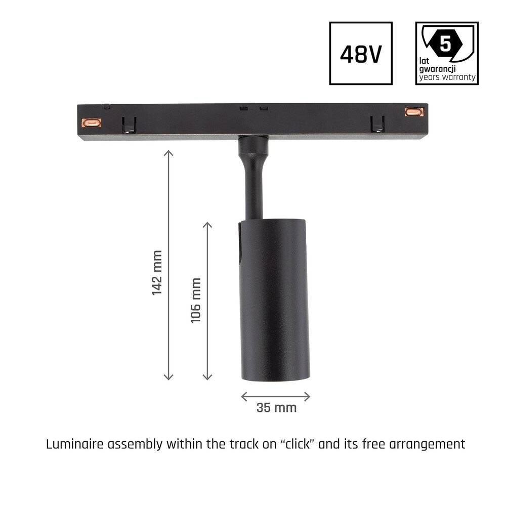 Spectrum LED 48V Magnetische Railspot - Zwart Mini - 6W 550Lm - 3000K 930 Warm wit | 24Graden Stralingshoek - 5 jaar garantie